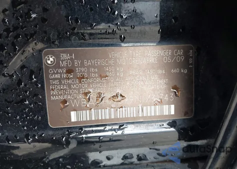 2009 BMW 328I from USA, damaged, VIN WBAPH77599NM31743